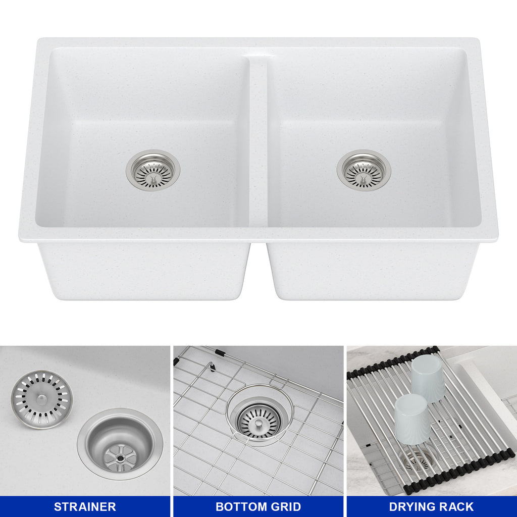 Dcolora 33''x19''x10'' White Undermount Double Bowl Kitchen Sink, 50/50 Split Granite Composite Deep Prep Basin, #DC-GU001W