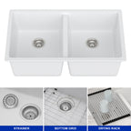 Dcolora 33''x19''x10'' White Undermount Double Bowl Kitchen Sink, 50/50 Split Granite Composite Deep Prep Basin, #DC-GU001W