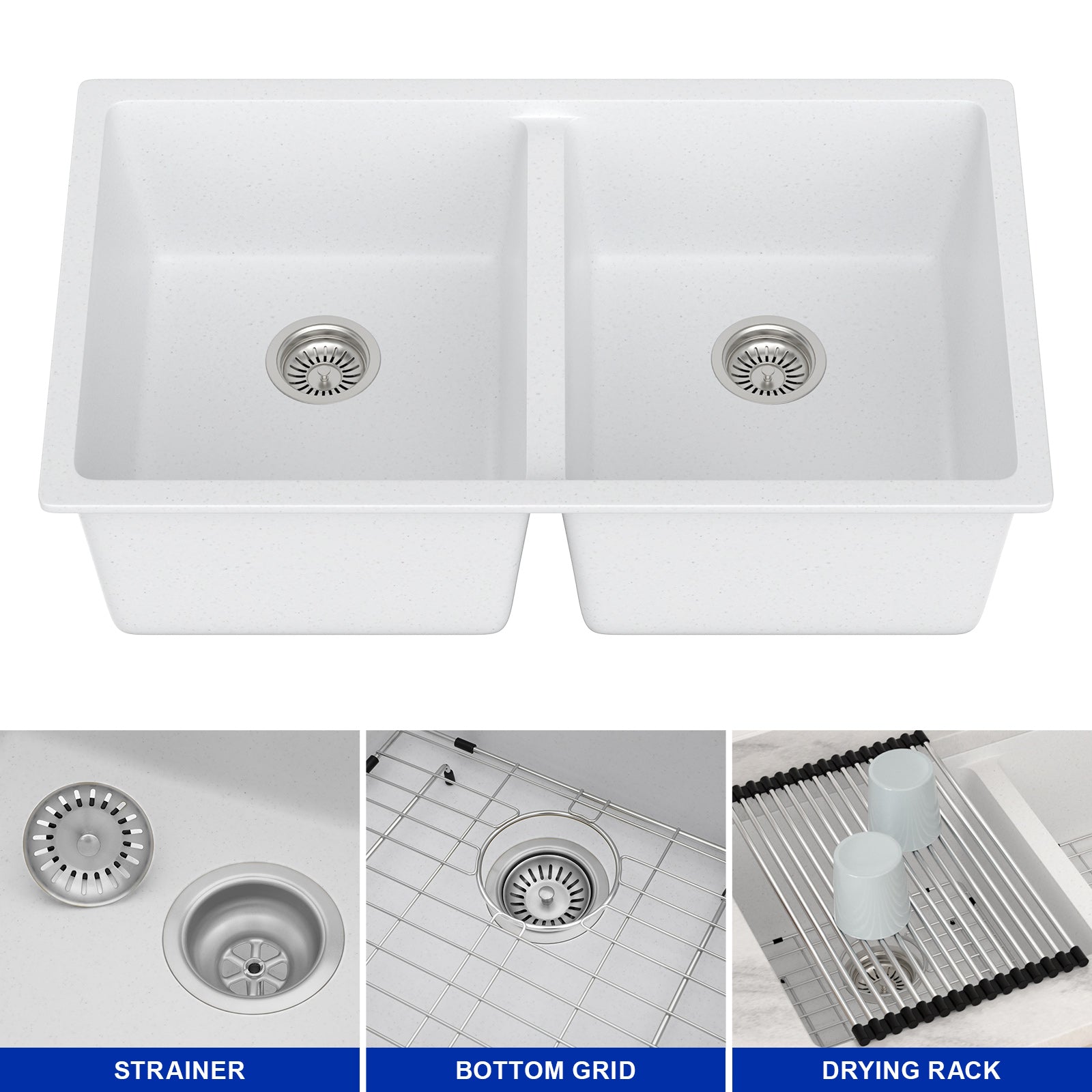 Dcolora 33''x19''x10'' White Undermount Double Bowl Kitchen Sink, 50/50 Split Granite Composite Deep Prep Basin, #DC-GU001W