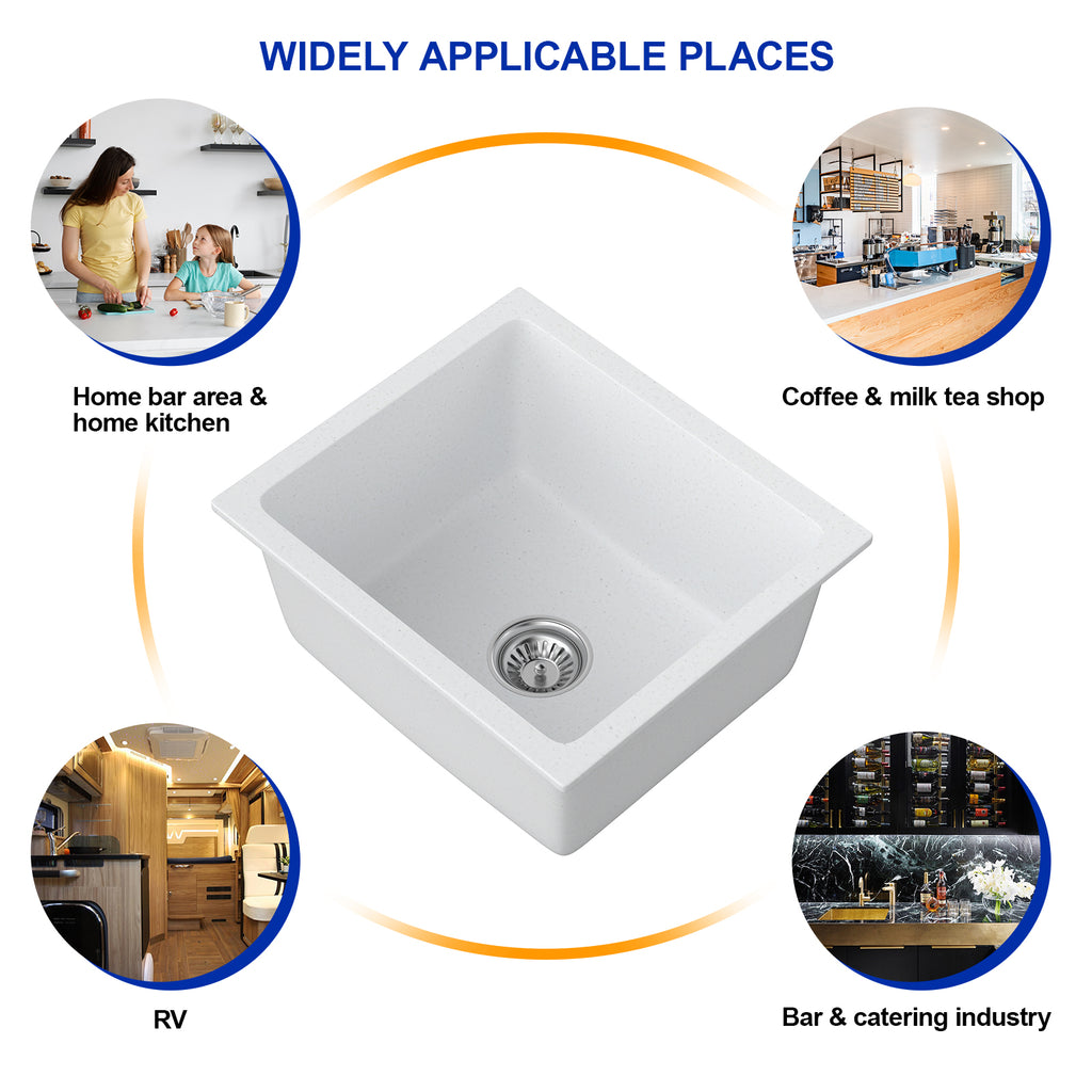 Dcolora 18 Inch Undermount Small Bar Sink Single Bowl Kitchen Sink White Granite Composite Wet Bar Sink 18"W×16"D×9"H,DC-GUW002