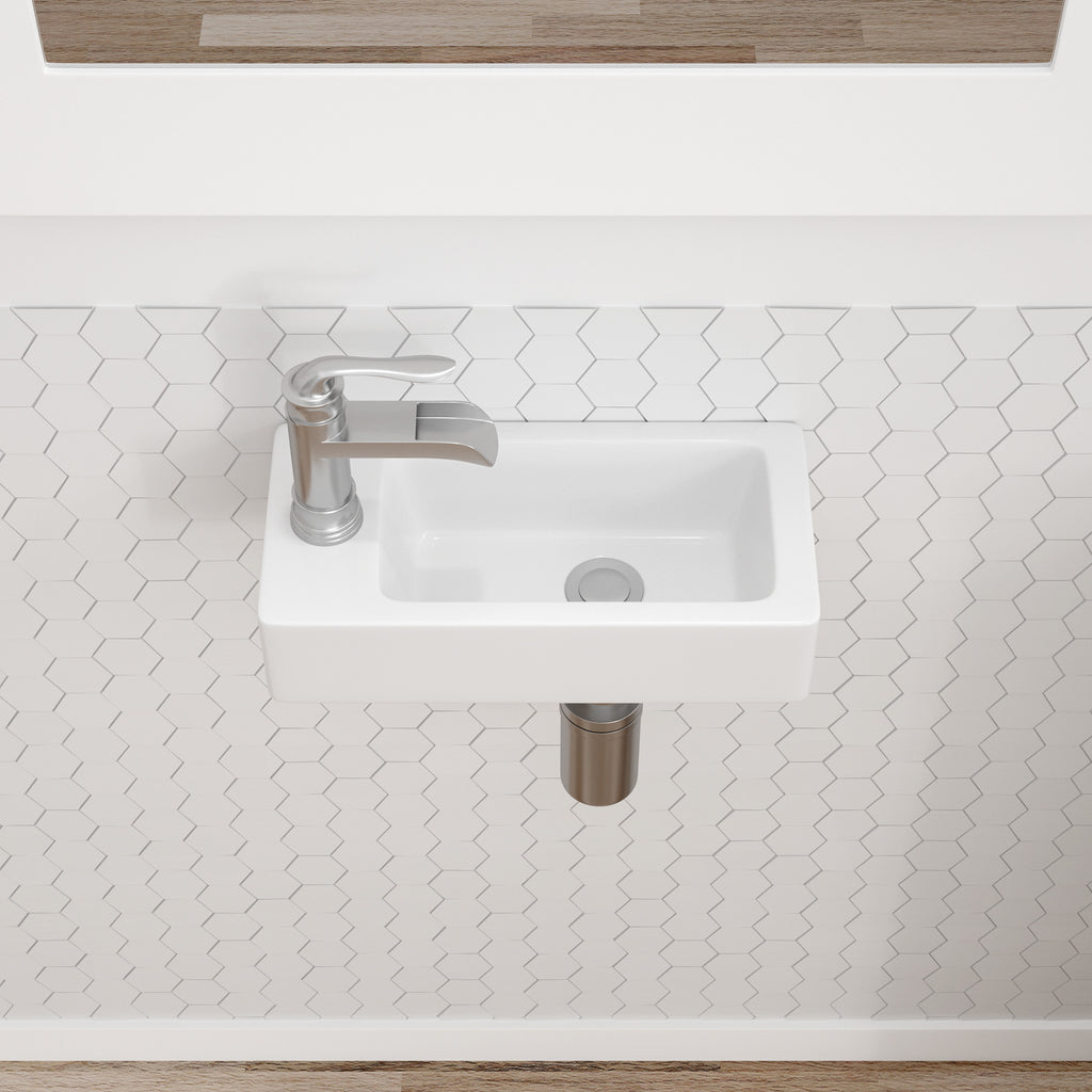 Dcolora 14.5''x7'' White Ceramic Wall Mounted Floating Sink, Rectangular Small Bathroom Basin, Right Hand
