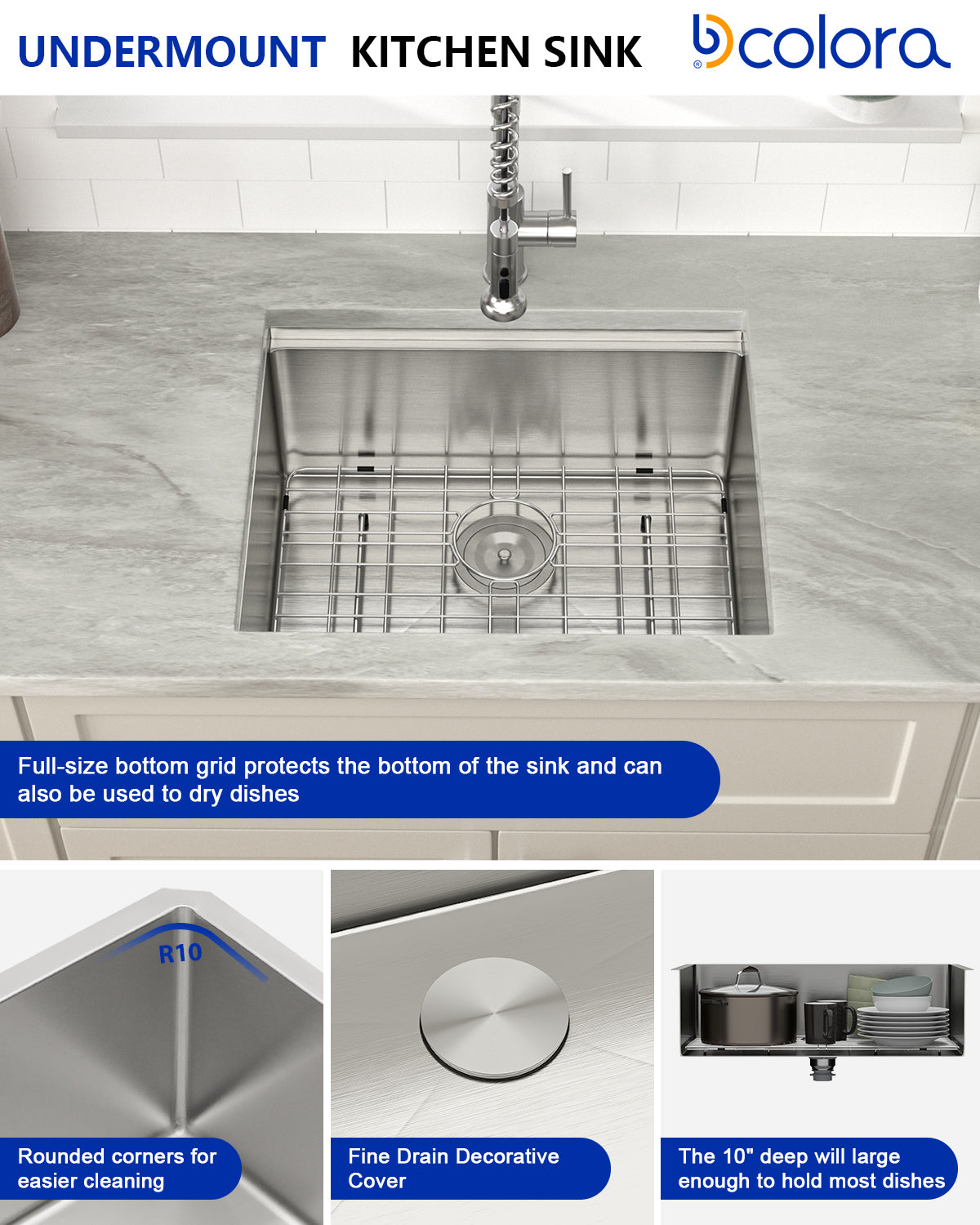 Dcolora 23 Undermount Small kitchen Sink Workstation 16 Gauge Stainless Steel Prep Wet Bar Sink with Ledge Deep Single Bowl Utility Sink, Round Corner, 23"x19"x10", DC-U7705