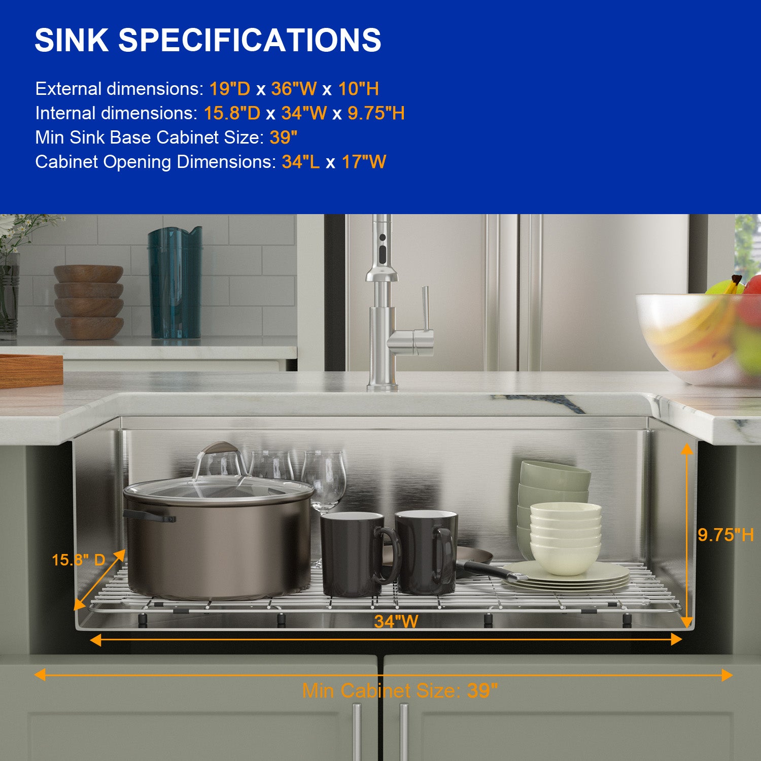 Dcolora 36" Undermount Kitchen Sink Workstation 16 Gauge Stainless Steel Kitchen Sink with Ledge Single Bowl Under Counter Sink Basin, Round Corner 36"x19"x10", DC-U7711