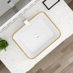 Dcolora 19''x15'' White Rectangular Vessel Sink with Gold Rim, Ceramic Porcelain Above Counter Bathroom Vanity Basin