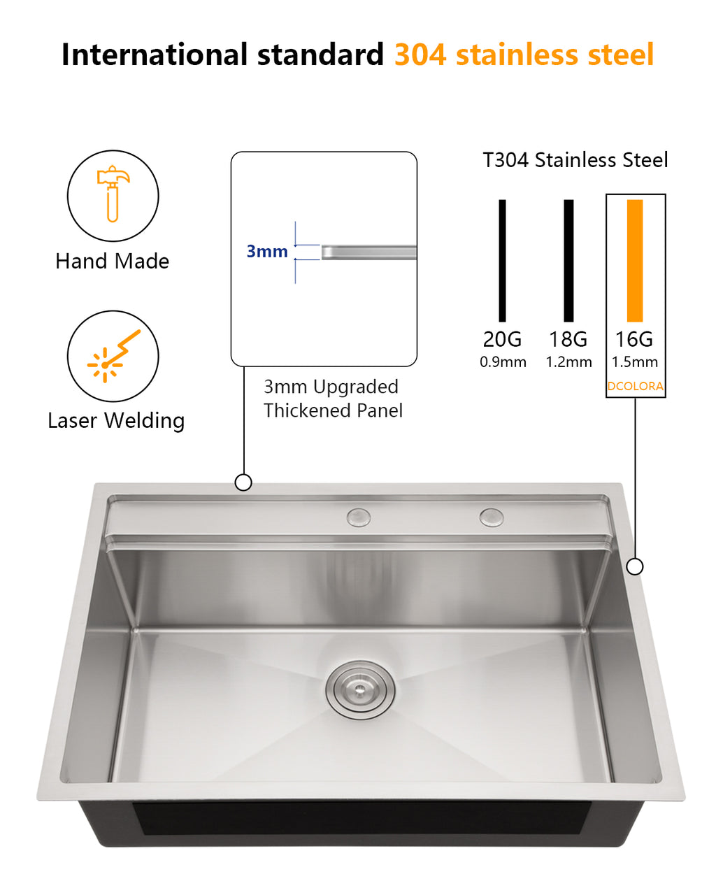 Dcolora 33''x22''x10'' Drop-In Kitchen Sink with Splash Guard, 16 Gauge Stainless Steel Single Bowl Topmount Workstation Basin, Round Corner