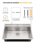 Dcolora 33''x22''x10'' Drop-In Kitchen Sink with Splash Guard, 16 Gauge Stainless Steel Single Bowl Topmount Workstation Basin, Round Corner