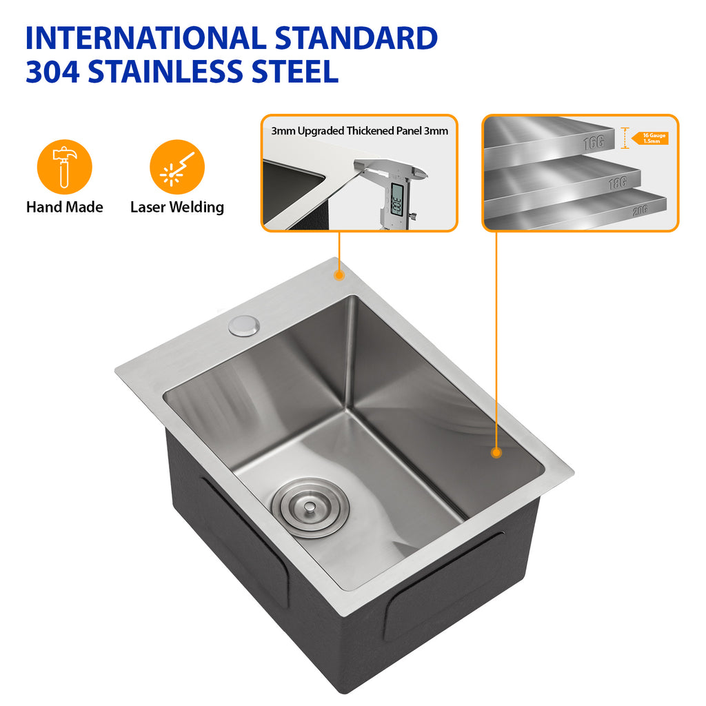 Dcolora 15''x20''x10'' Drop-In Wet Bar Sink, 16 Gauge Stainless Steel Single Bowl Topmount Prep Kitchen Basin, for RV/Camper/Utility, Round Corner