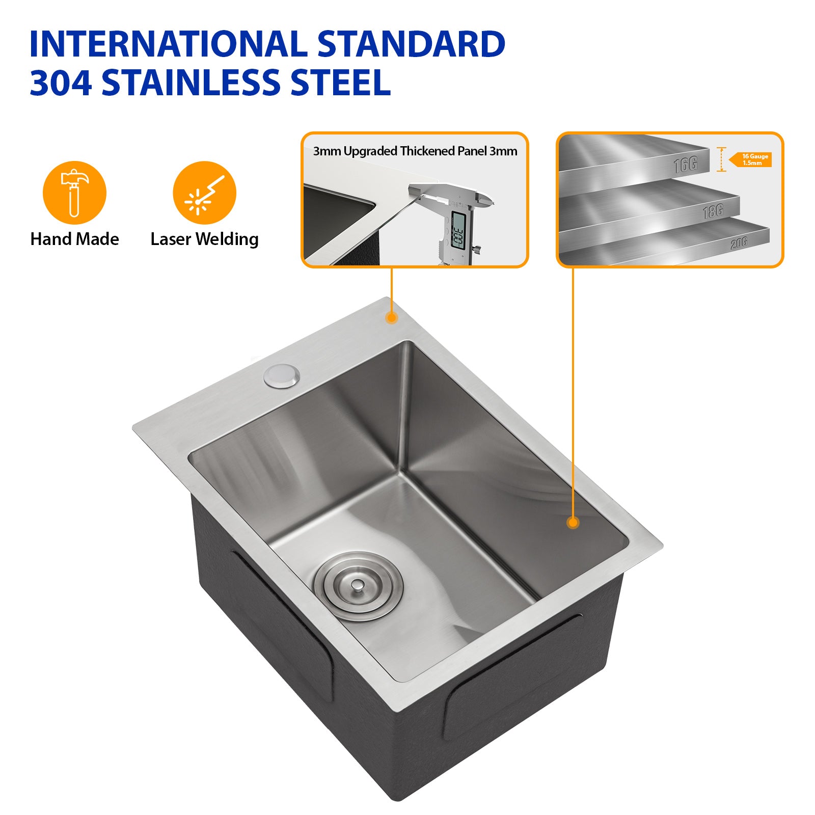 Dcolora 15x20 Drop In Wet Bar Sink 16 Gauge Stainless Steel Topmount Prep Sink Single Bowl Kitchen Sink Top Above Counter RV Camper Utility Basin, Round Corner 15"x20"x10" DC-T7746
