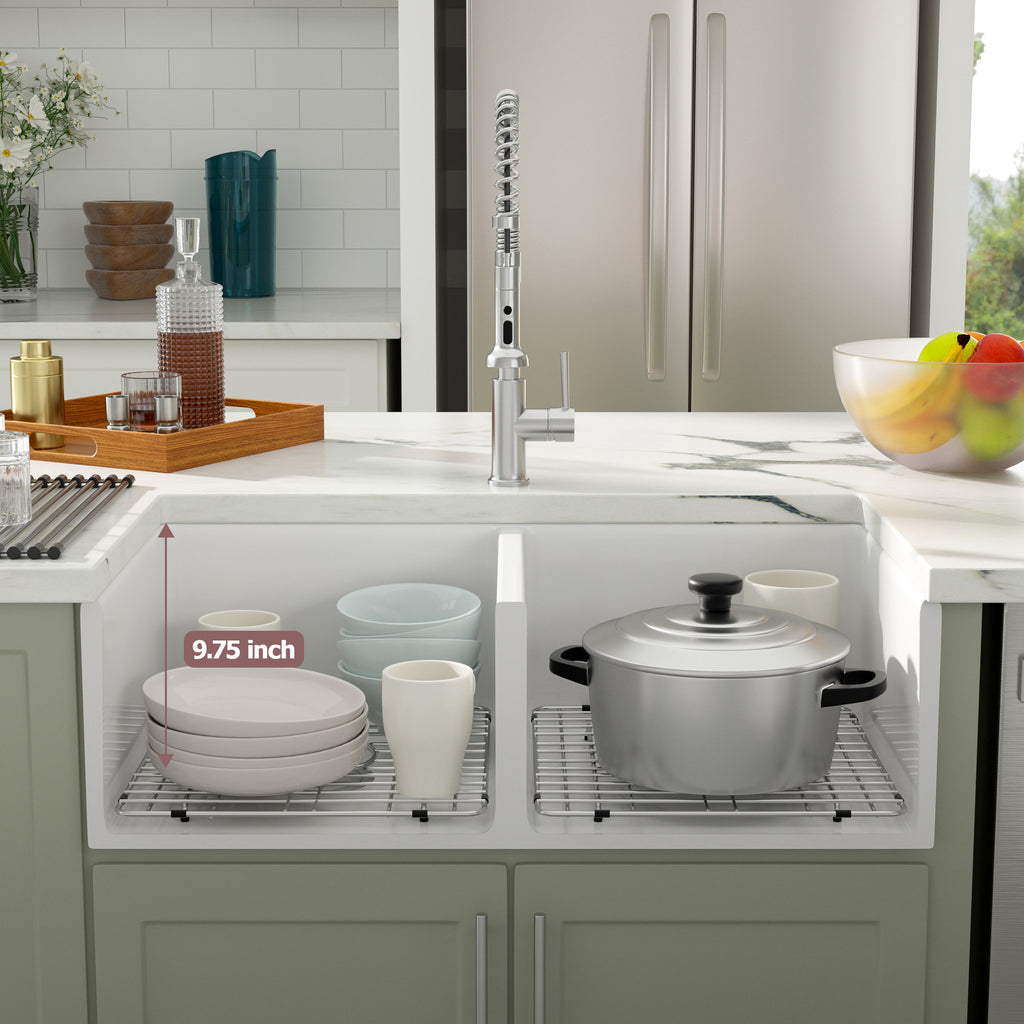 Dcolora 33'' White Farmhouse Sink, 50/50 Double Bowl Apron Front Fireclay Ceramic Porcelain Reversible Basin