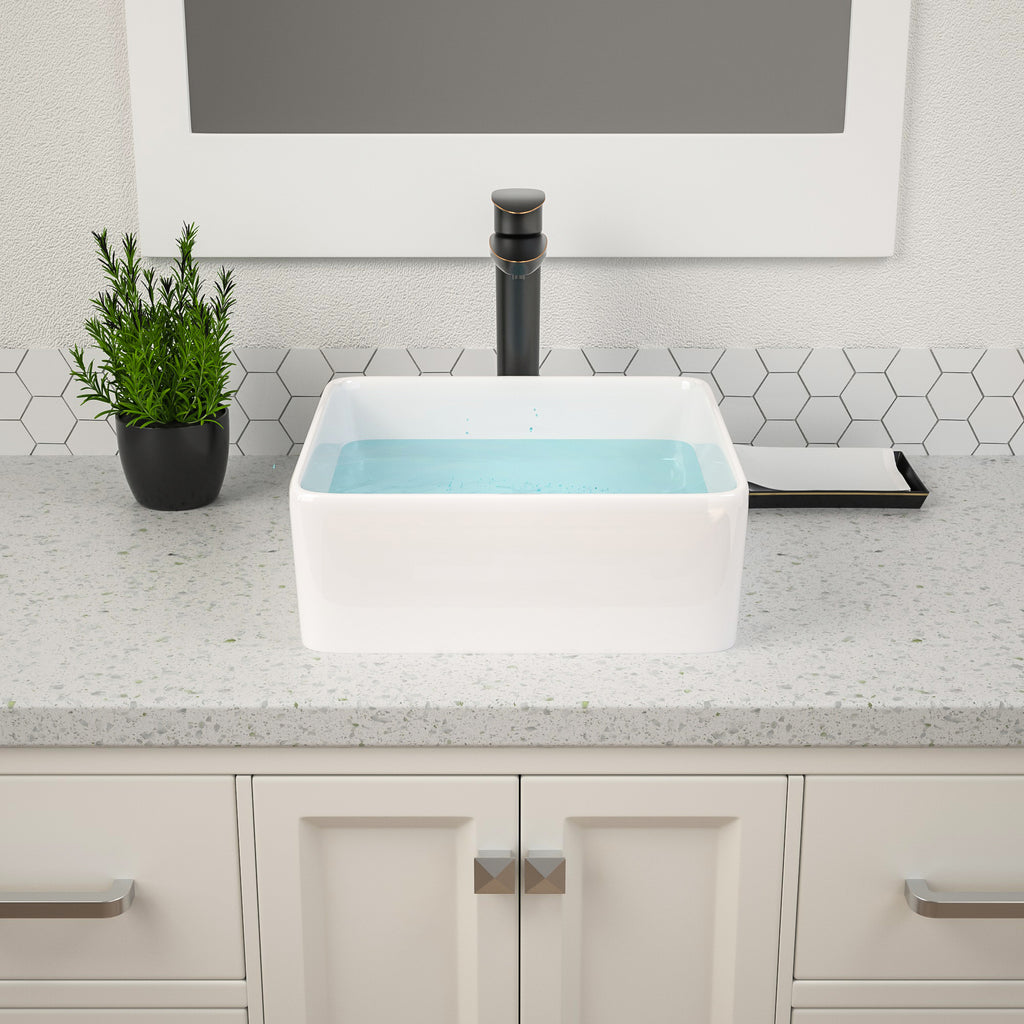 Dcolora 15''x15'' White Square Vessel Sink, Ceramic Porcelain Above Counter Bathroom Vanity Basin