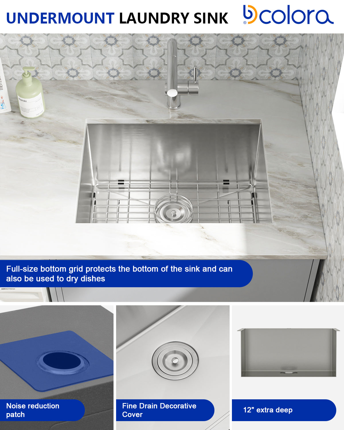 Dcolora 24''x18''x12'' Undermount Laundry Sink, 16 Gauge Stainless Steel Deep Single Bowl Rectangular Utility Basin