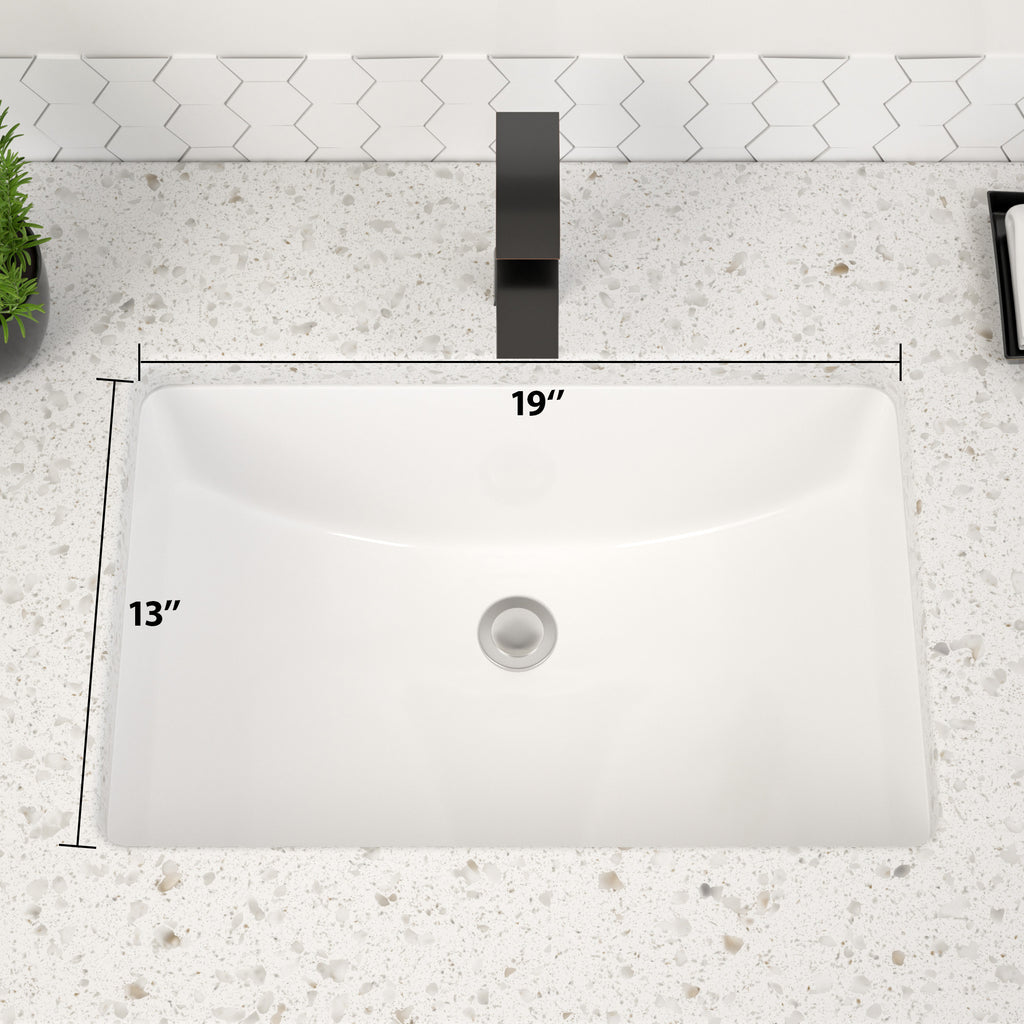 Dcolora 19''x13'' White Ceramic Rectangular Undermount Bathroom Sink, Vanity Basin with Overflow