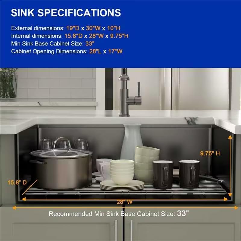Dcolora 30''x19''x10'' Gunmetal Black Undermount Kitchen Sink Workstation, 16 Gauge Stainless Steel Single Bowl Basin
