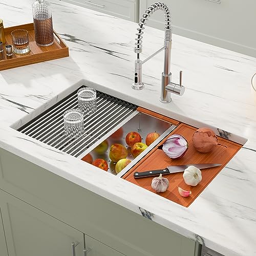 Dcolora 27 Inch Undermount Kitchen Sink Workstation 16 Gauge 304 Stainless Steel Large Single Bowl Under Counter Sinks, Round Corner 27"x19"x10", DC-U7703