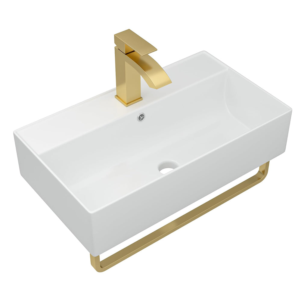 21" × 12" White Rectangular Wall-Mount Ceramic Bathroom Sink with Gold Faucet & Towel Rack – DC-SFDOE00088