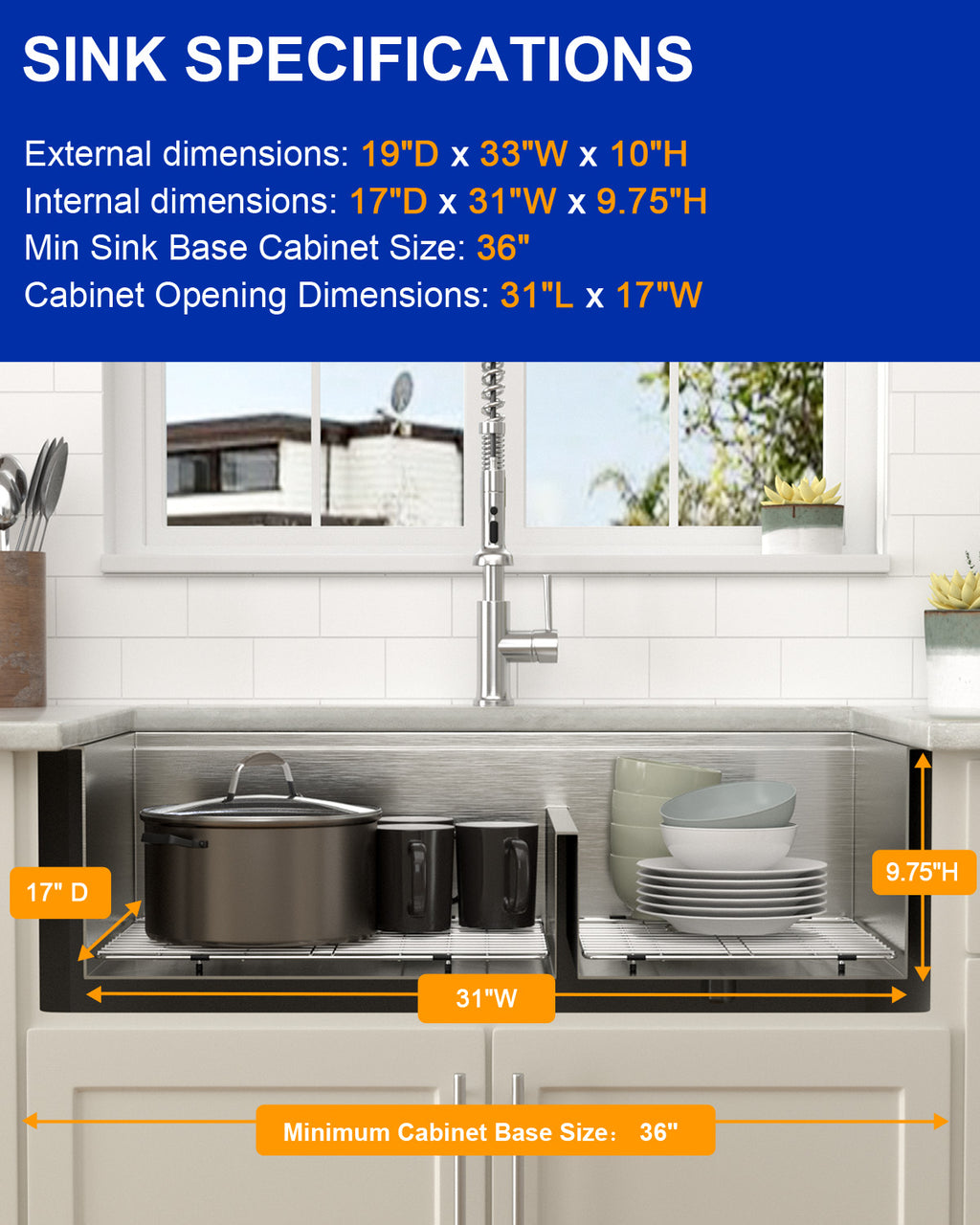 Dcolora 33''x19''x10'' Undermount Double Bowl Kitchen Sink Workstation, 16 Gauge Stainless Steel 60/40 Split Basin