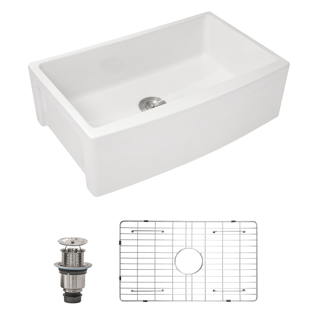 Dcolora 33''x21''x10'' White Farmhouse Sink, Curved Apron Front Fireclay Porcelain Ceramic Single Bowl Basin