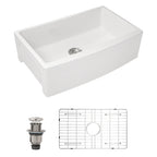 Dcolora 33''x21''x10'' White Farmhouse Sink, Curved Apron Front Fireclay Porcelain Ceramic Single Bowl Basin