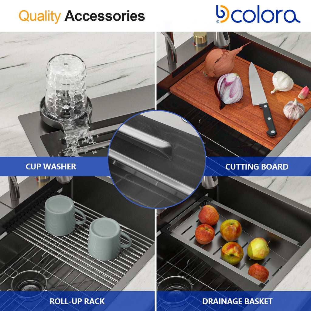 Dcolora 33''x22'' Gunmetal Black Waterfall Kitchen Sink, Smart Workstation Drop-In Single Bowl Multifunctional Top Mount Basin with Faucet Combo, 16 Gauge 304 Stainless Steel