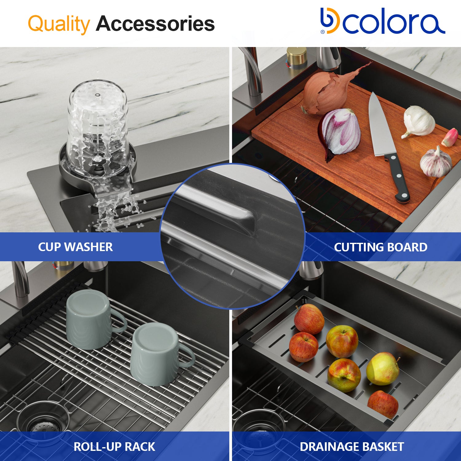 Dcolora 33''x22'' Gunmetal Black Waterfall Kitchen Sink, Smart Workstation Drop-In Single Bowl Multifunctional Top Mount Basin with Faucet Combo, 16 Gauge 304 Stainless Steel