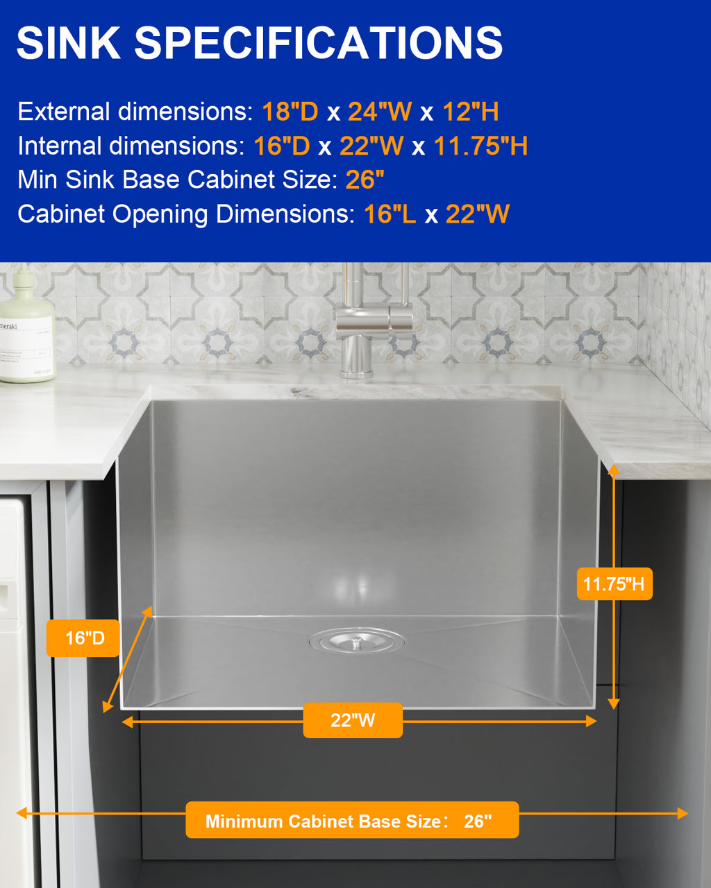 Dcolora 24''x18''x12'' Undermount Laundry Sink, 16 Gauge Stainless Steel Deep Single Bowl Rectangular Utility Basin