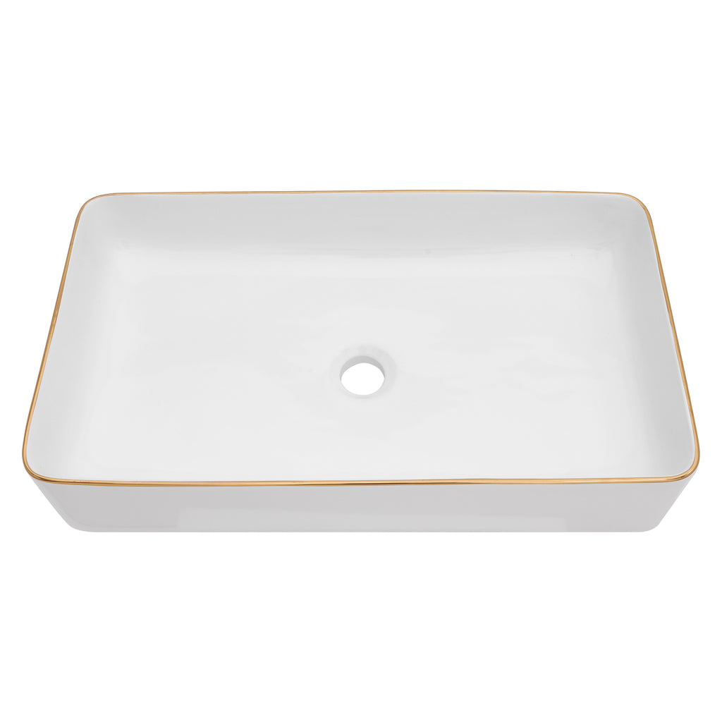 Dcolora 24''x14'' White Rectangular Vessel Sink with Gold Rim, Ceramic Porcelain Above Counter Bathroom Vanity Basin