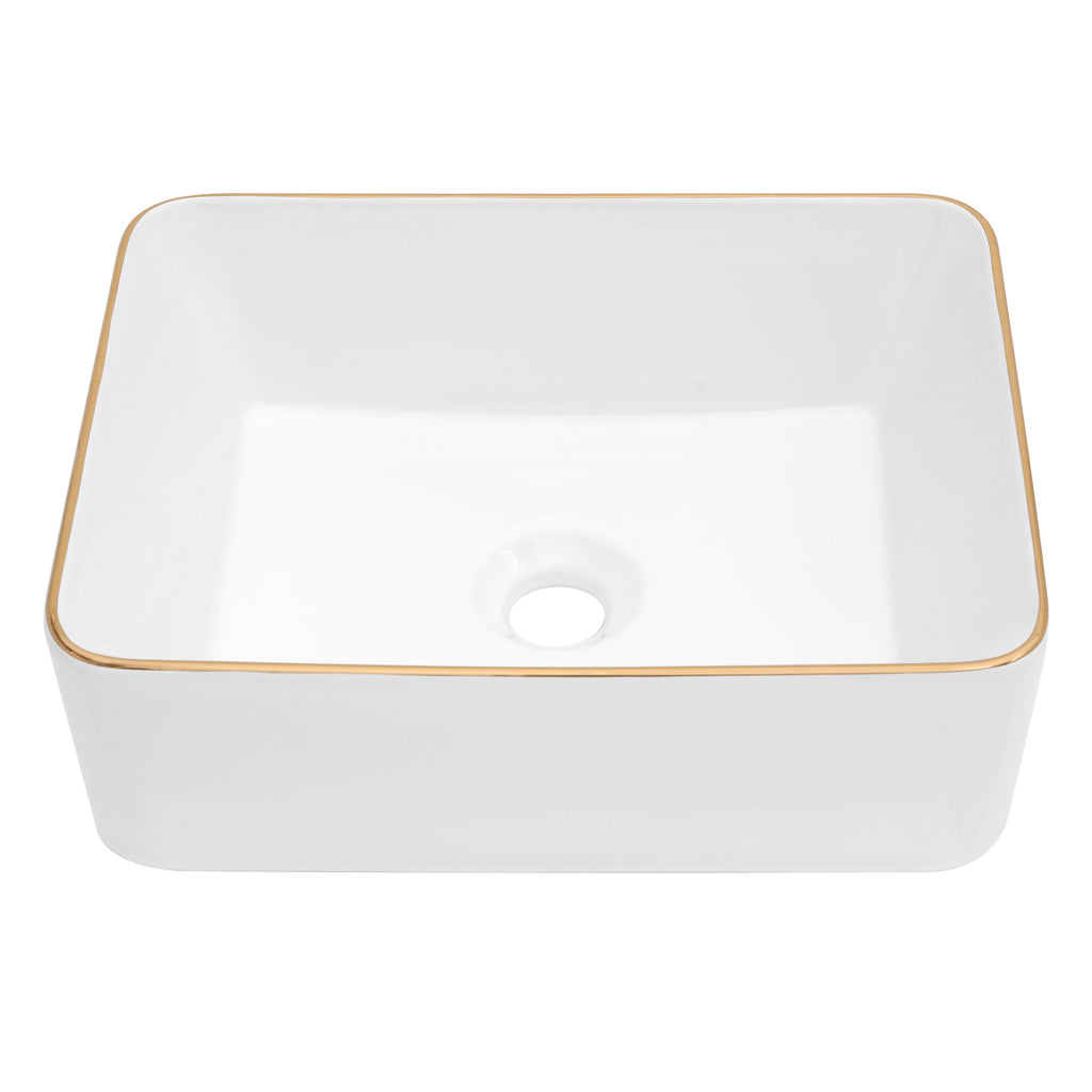 Dcolora 16''x12'' White Rectangular Vessel Sink with Gold Rim, Ceramic Porcelain Above Counter Bathroom Vanity Basin