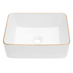 Dcolora 16''x12'' White Rectangular Vessel Sink with Gold Rim, Ceramic Porcelain Above Counter Bathroom Vanity Basin