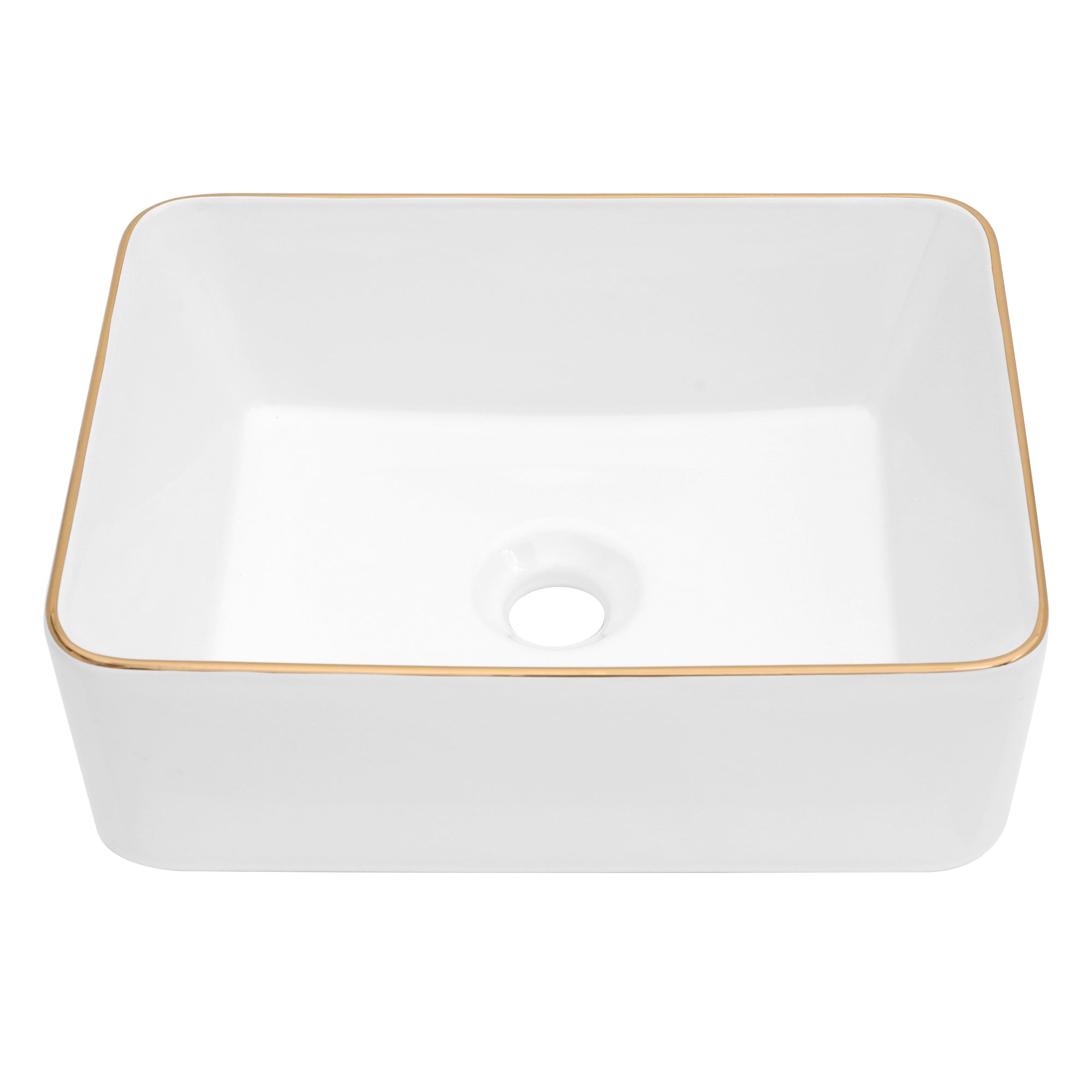 Dcolora 16''x12'' White Rectangular Vessel Sink with Gold Rim, Ceramic Porcelain Above Counter Bathroom Vanity Basin