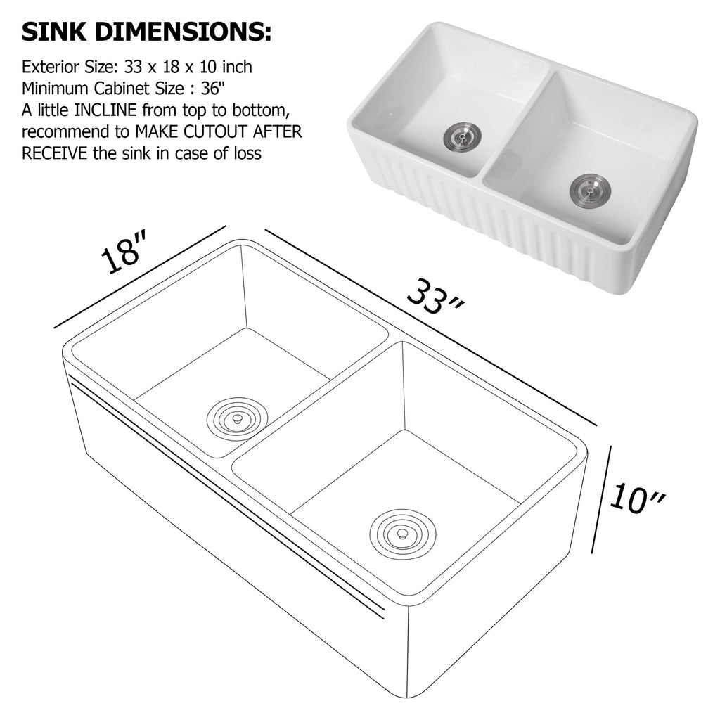 Dcolora 33'' White Farmhouse Sink, 50/50 Double Bowl Apron Front Fireclay Ceramic Porcelain Reversible Basin