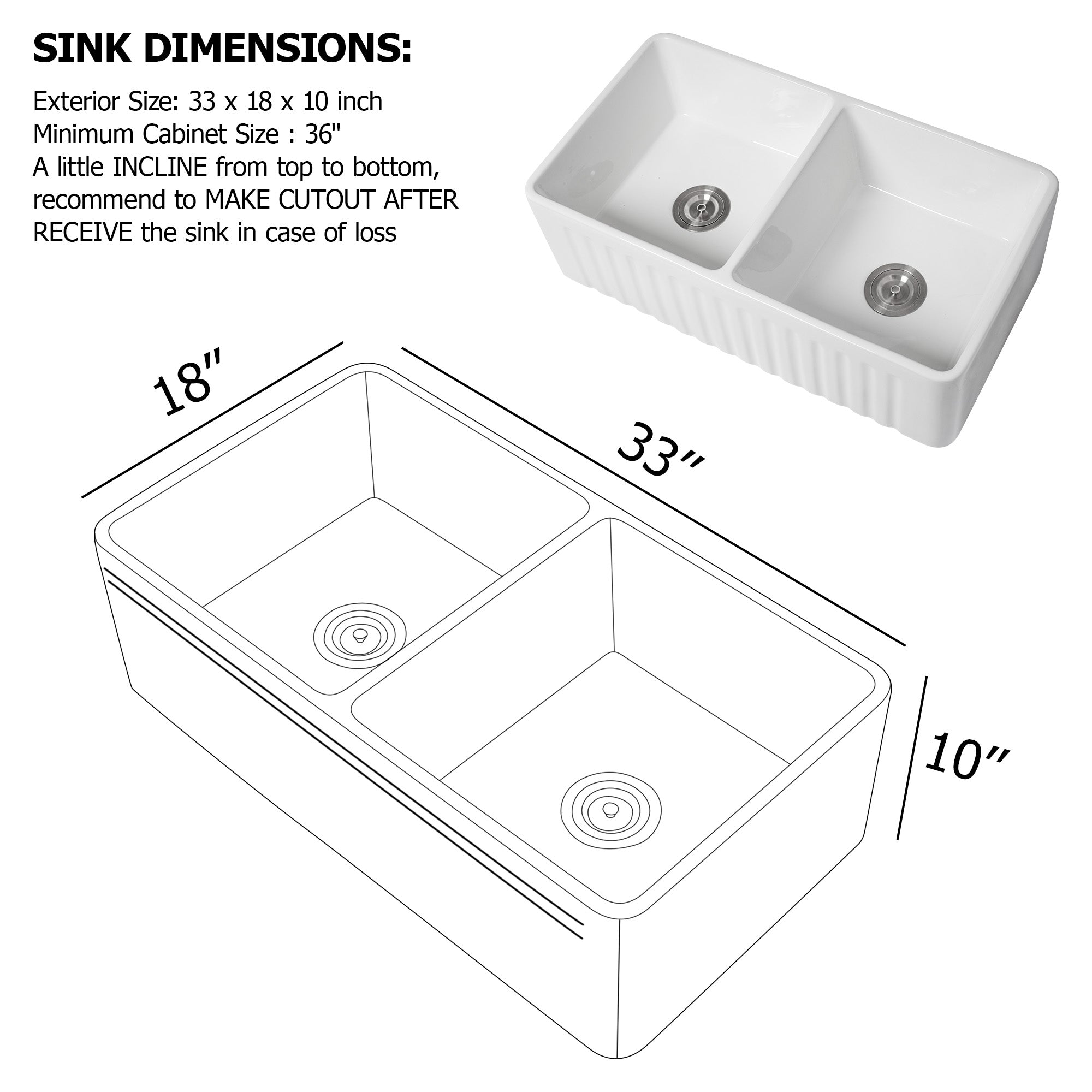 Dcolora 33'' White Farmhouse Sink, 50/50 Double Bowl Apron Front Fireclay Ceramic Porcelain Reversible Basin