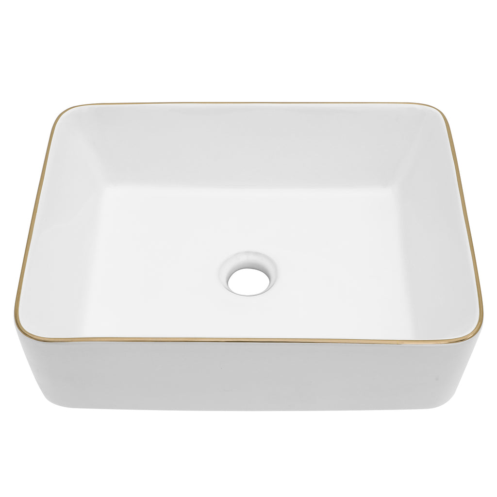 Dcolora 19''x15'' White Rectangular Vessel Sink with Gold Rim, Ceramic Porcelain Above Counter Bathroom Vanity Basin
