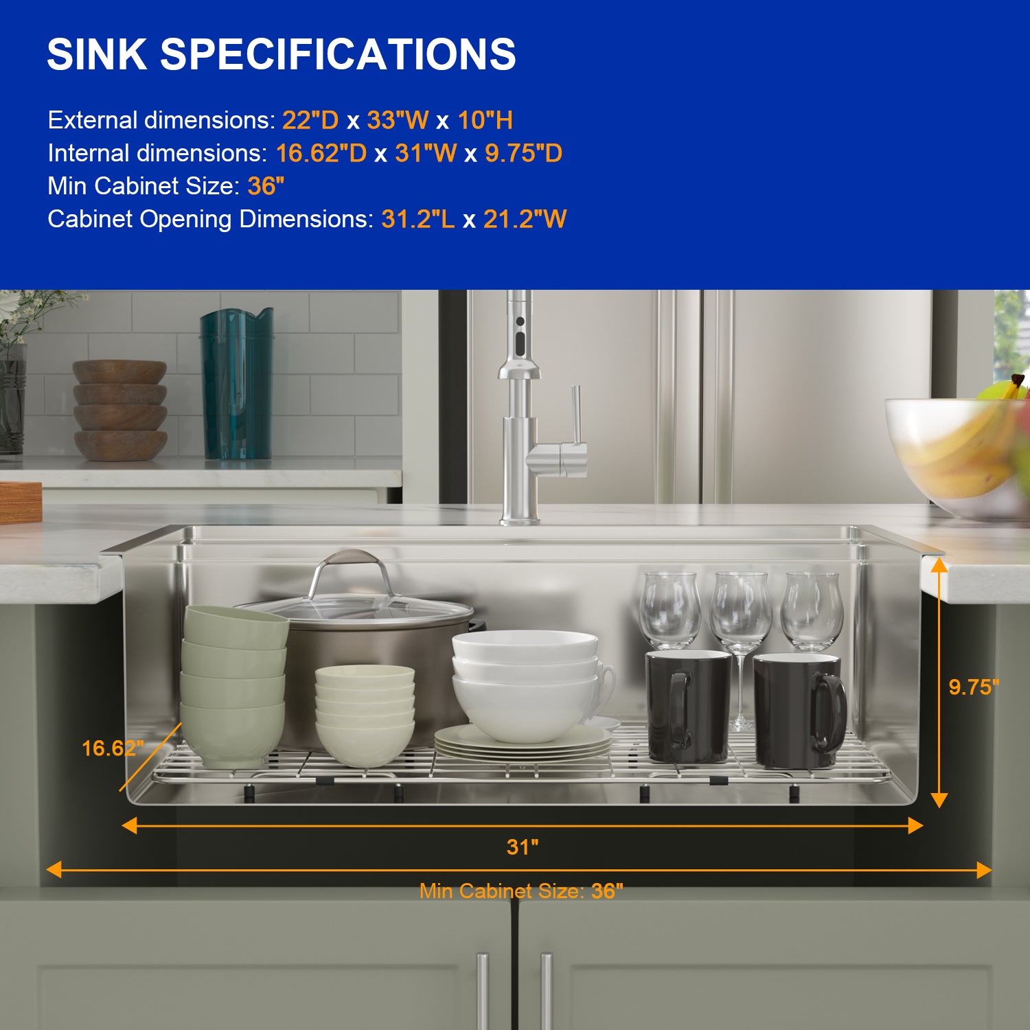 Dcolora 33x22 Drop In Kitchen Sink Splash Guard Stainless Steel Single Bowl Topmount Workstation Sinks, Round Corner 33"x22"x10", DC-T7757