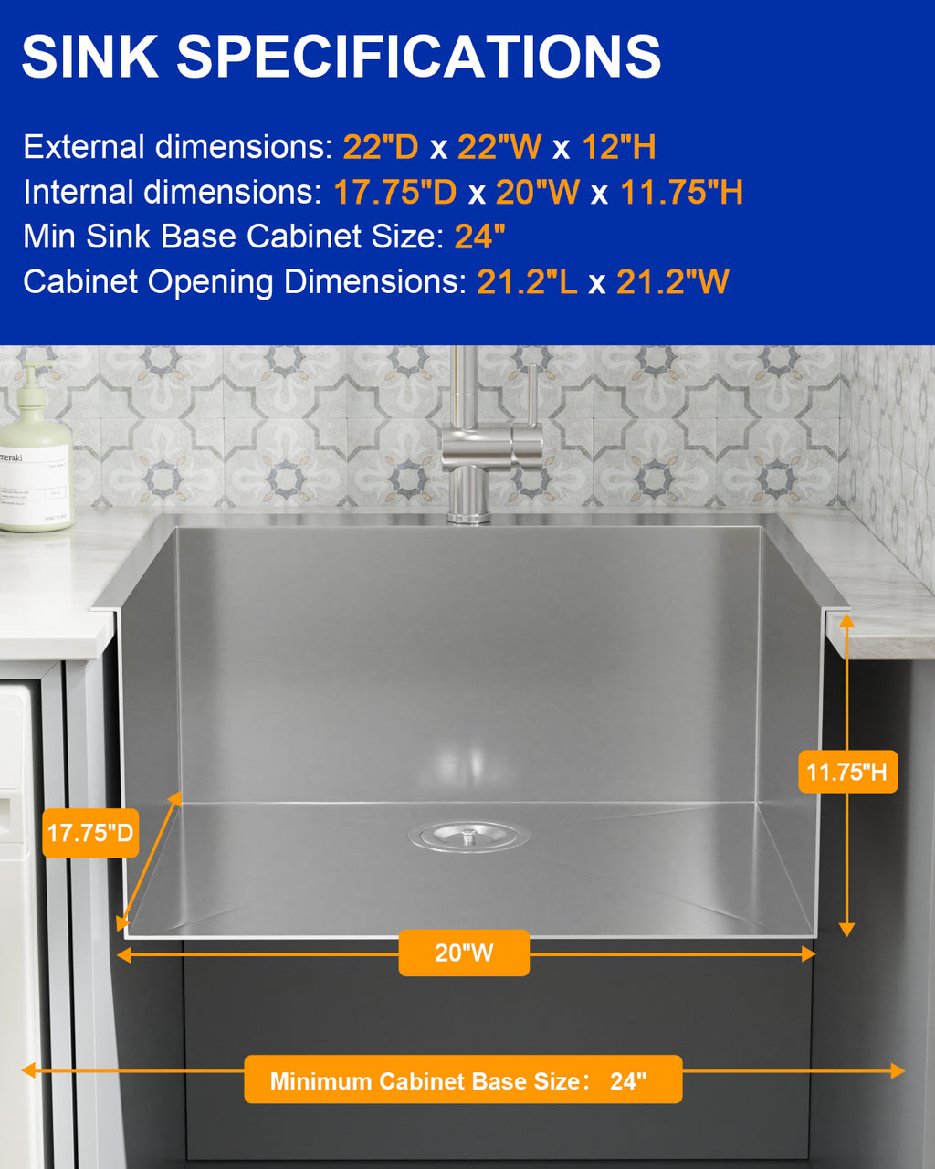 Dcolora 22''x22''x12'' Drop-In Laundry Room Sink, 16 Gauge Stainless Steel 12 Inch Deep Single Bowl Utility Basin
