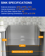 Dcolora 22''x22''x12'' Drop-In Laundry Room Sink, 16 Gauge Stainless Steel 12 Inch Deep Single Bowl Utility Basin