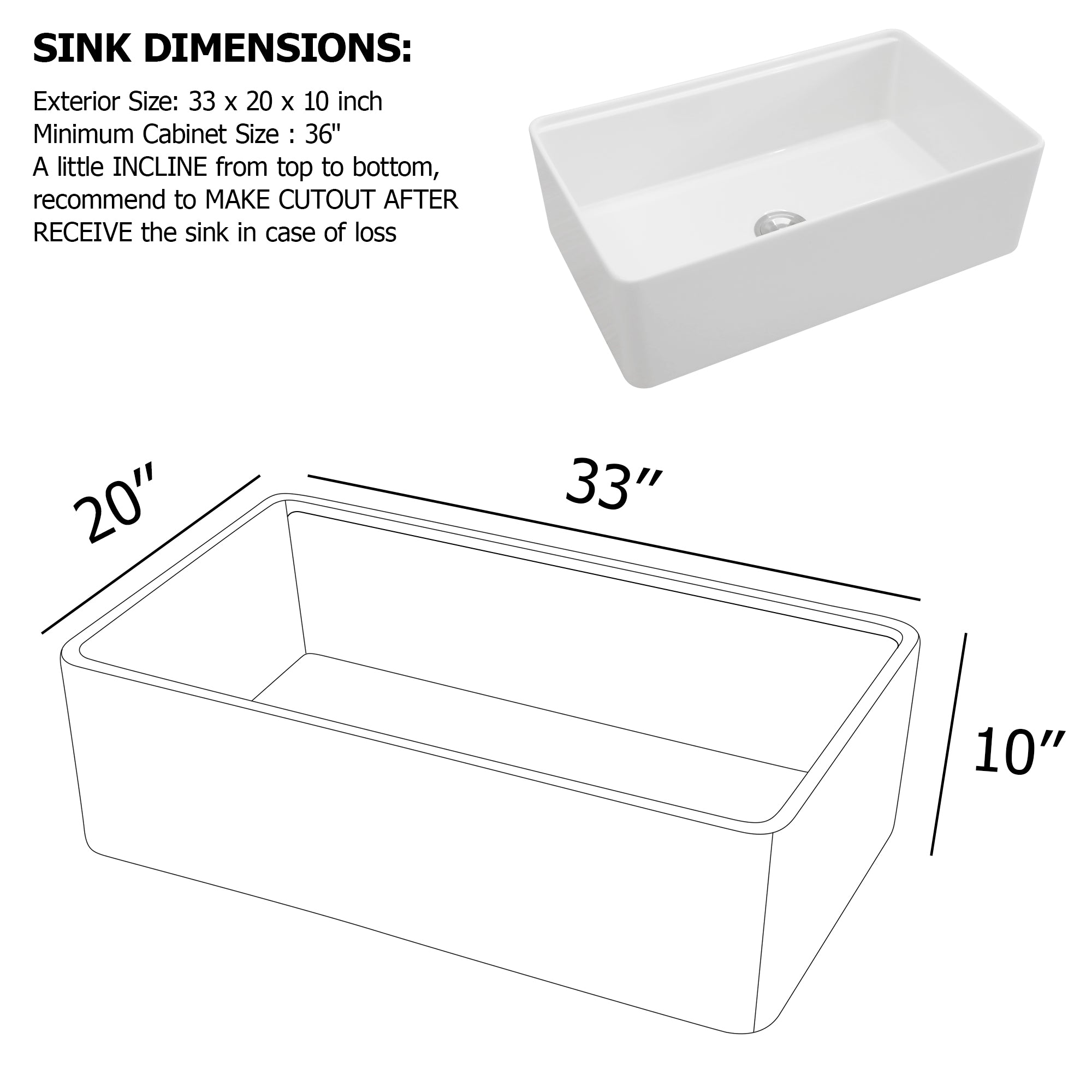 Dcolora 33 Inch White Farmhouse Sink Workstation Fireclay Porcelain Farm Kitchen Barn Sinks Flat Apron Front Ceramic Single Bowl Country Sink, DC-A7765, 33"x20"x10"