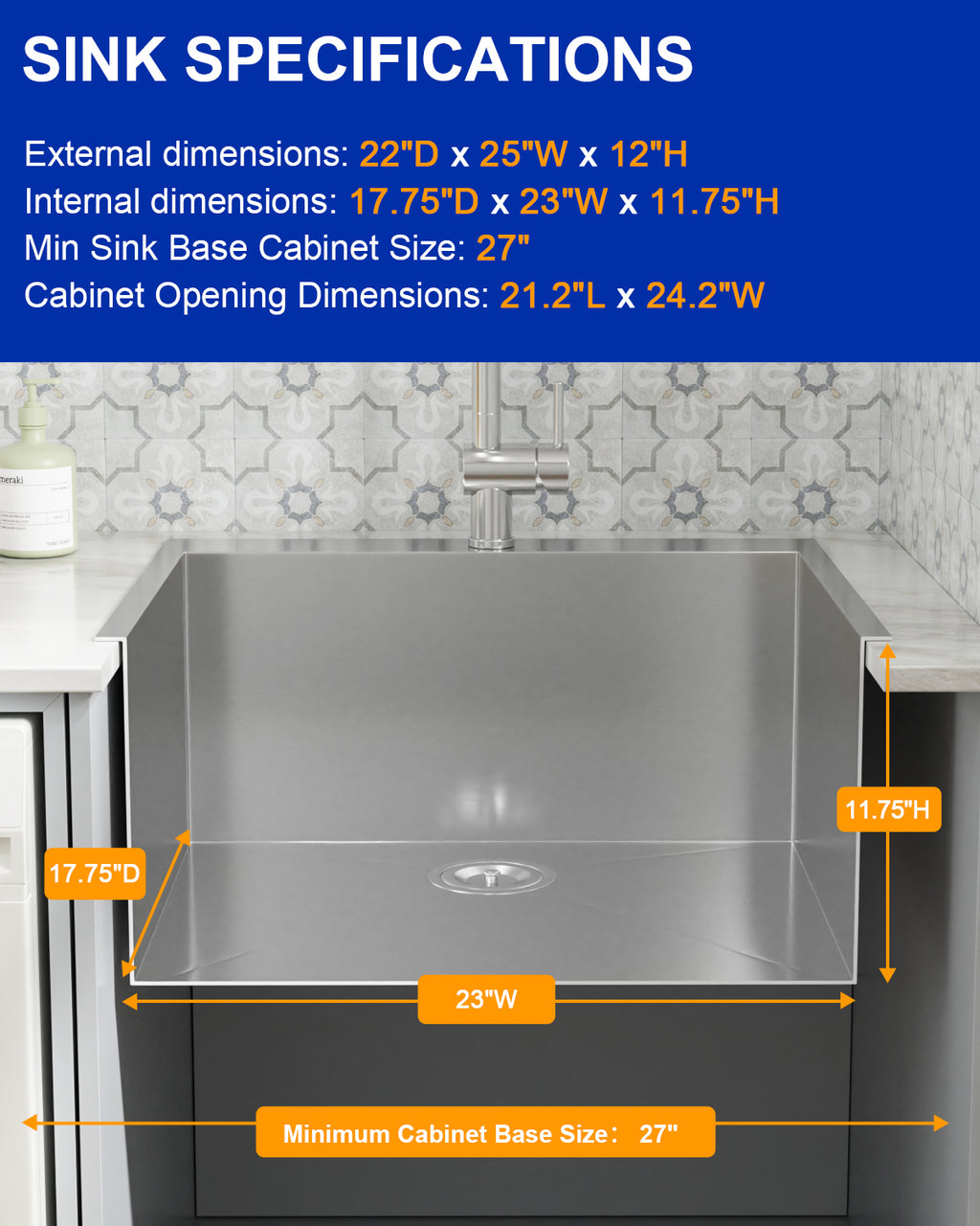 Dcolora 25''x22''x12'' Drop-In Laundry Room Sink, 16 Gauge 304 Stainless Steel Deep Single Bowl Utility Basin