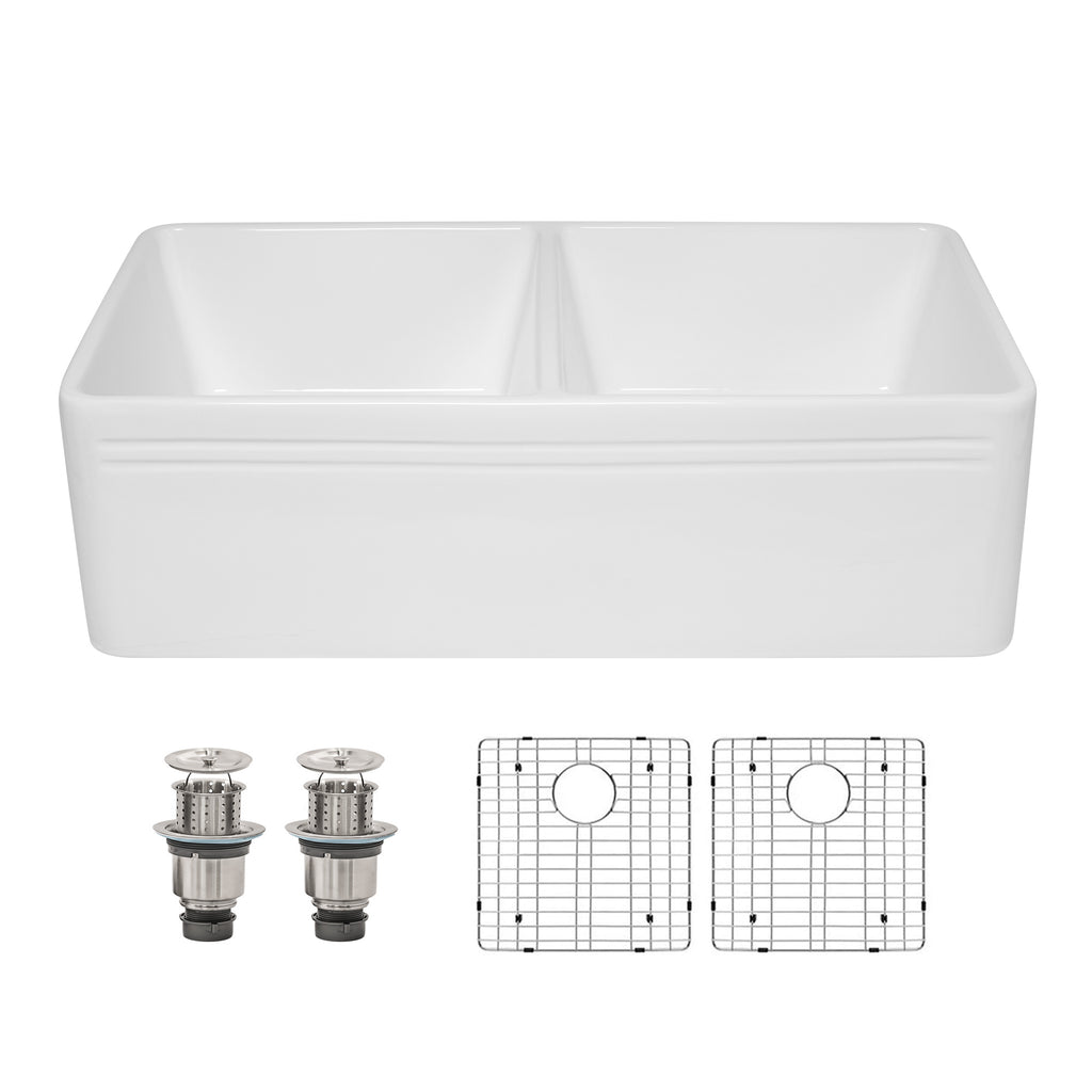 Dcolora 33'' White Farmhouse Sink, 50/50 Double Bowl Apron Front Fireclay Ceramic Porcelain Reversible Basin
