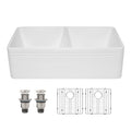 Dcolora 33'' White Farmhouse Sink, 50/50 Double Bowl Apron Front Fireclay Ceramic Porcelain Reversible Basin