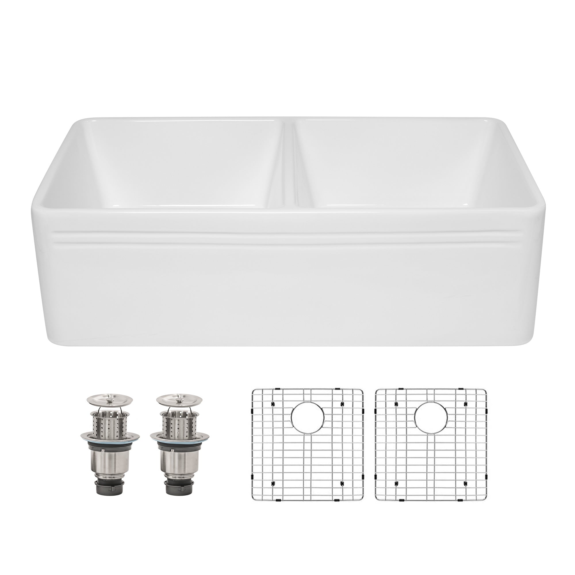 Dcolora 33 Inch Farmhouse Sink Double Bowl 50/50 Farm White Kitchen Sink Double Basin Apron Front White Fireclay Ceramic Porcelain Reversible DC-A7757