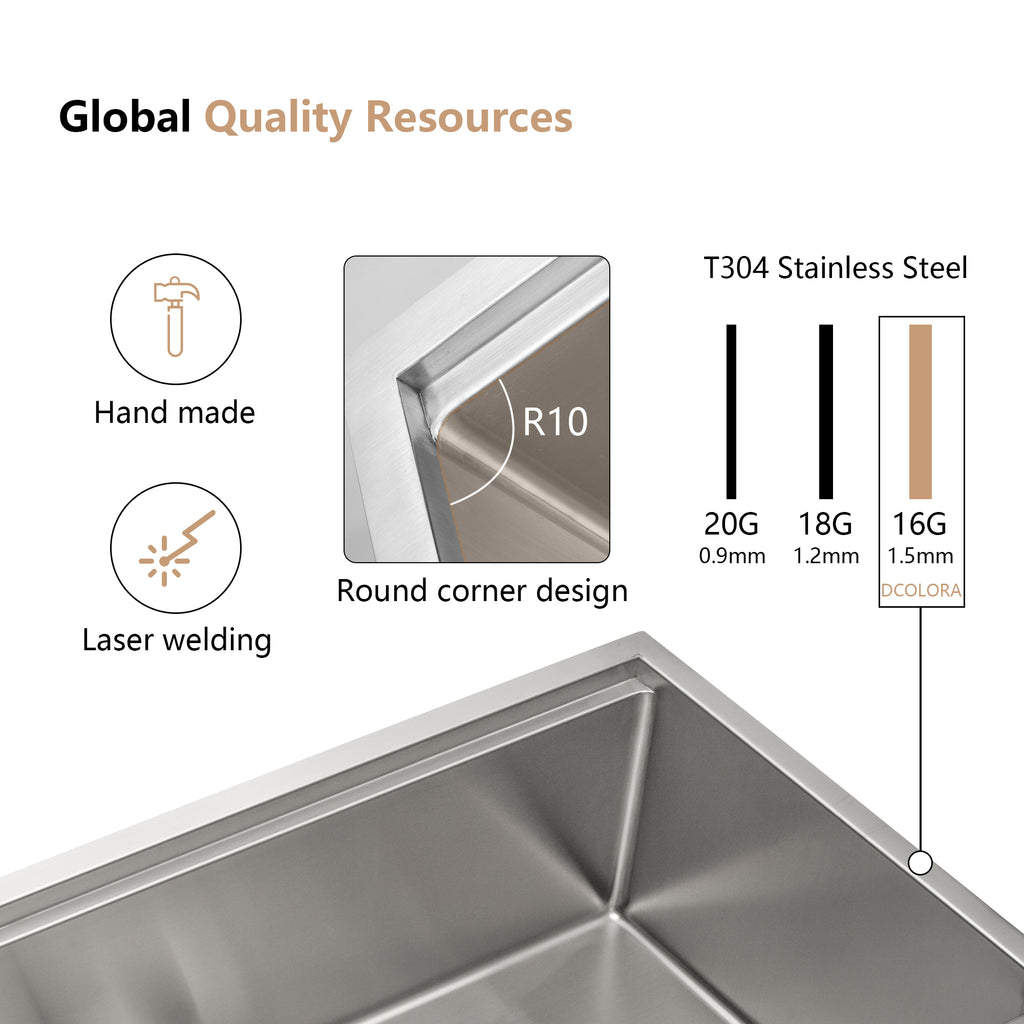 Dcolora 25''x22''x10'' Drop-In Kitchen Sink, 16 Gauge 304 Stainless Steel Single Bowl Topmount Workstation Basin, Round Corner