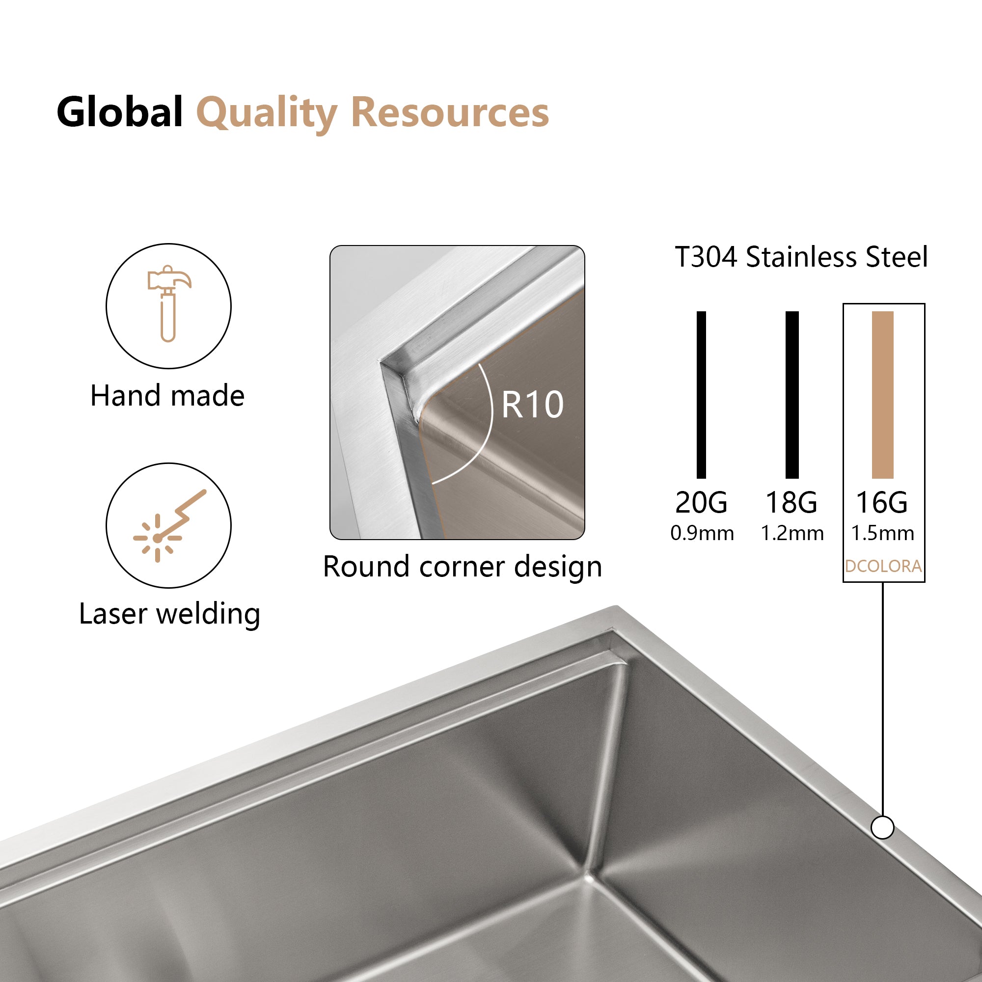 Dcolora 25x22 Inch Drop In Kitchen Sink Workstation 16 Gauge 304 Stainless Steel Single Bowl Top Mount Sink, Rounder Corner 25"x22"x10", DC-T7753