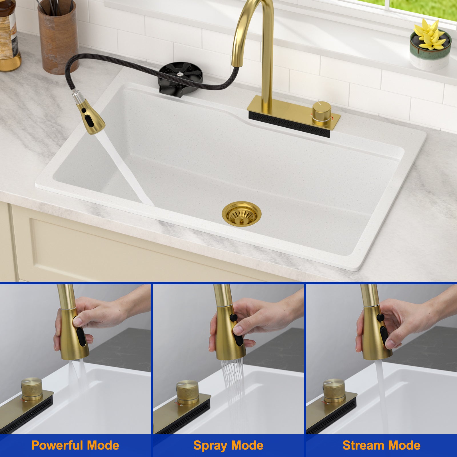 Dcolora 33x22 Waterfall Smart Kitchen Sink Workstation White Drop In Single Bowl Multifunctional Sink With Faucet And Cup Washer,33 Inch Granite Composite DC-GWT7433FY