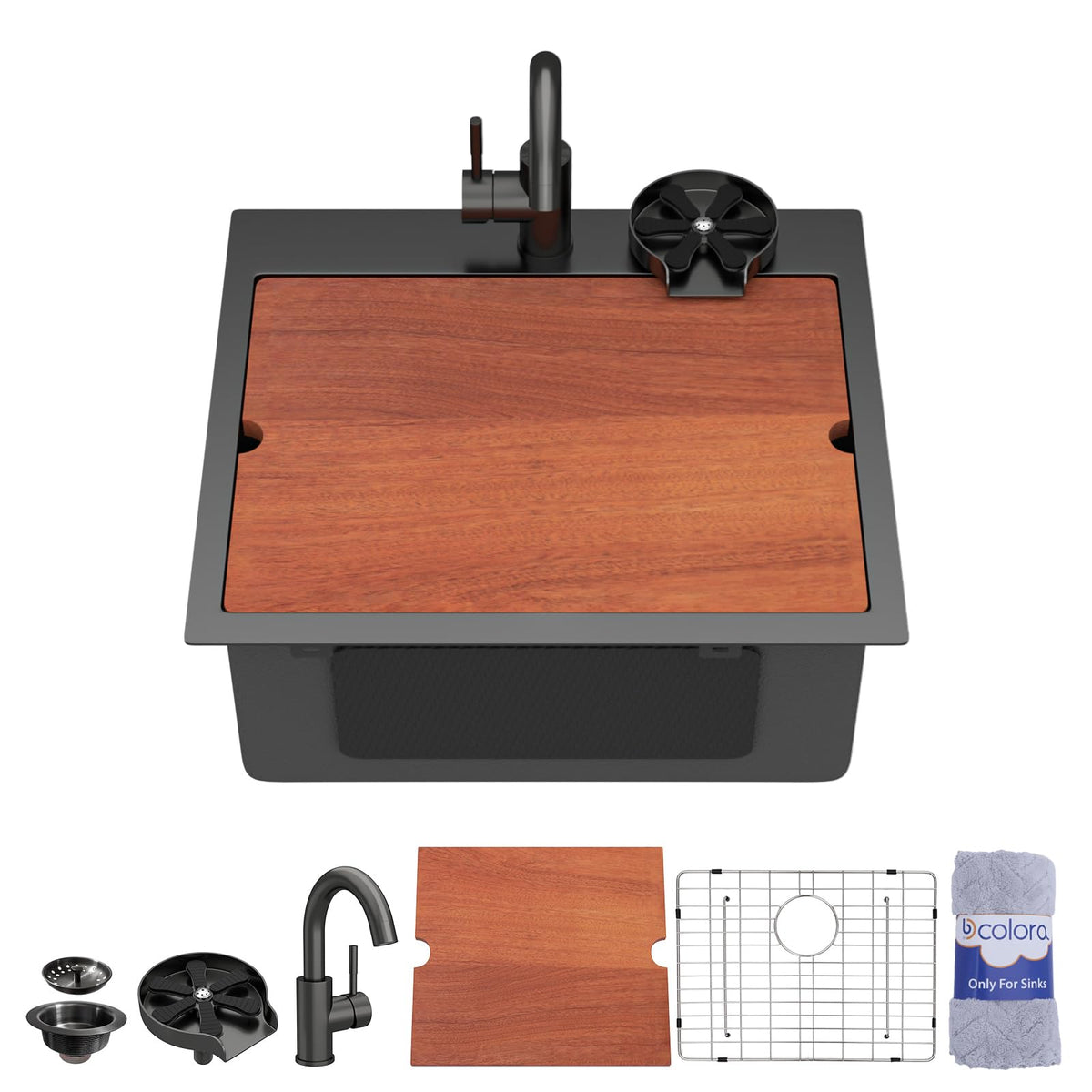 Dcolora DC-NSD2620002 – 20 × 18 in. Black Drop-In Bar Sink with Faucet & Cup Washer
