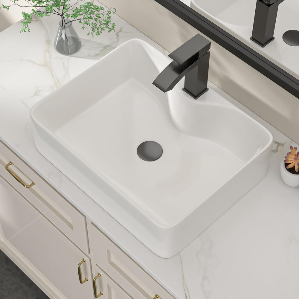 19.09" × 14.96" White Ceramic Vessel Bathroom Sink with Black Faucet – DC-SFDOE00086
