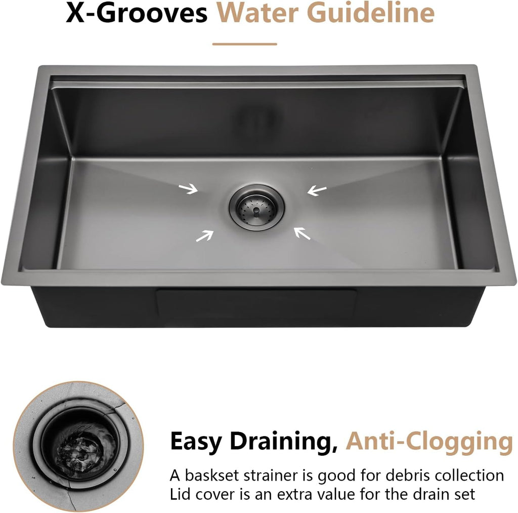 Dcolora 30''x19''x10'' Gunmetal Black Undermount Kitchen Sink Workstation, 16 Gauge Stainless Steel Single Bowl Basin
