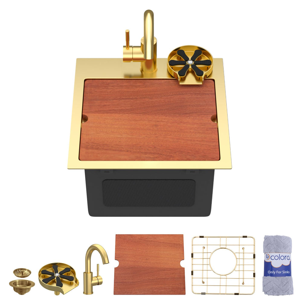 15" × 15" Gold Drop-In Workstation Stainless Steel Bar / Prep Sink with Faucet & Cup Washer – DC-SFDOE00178