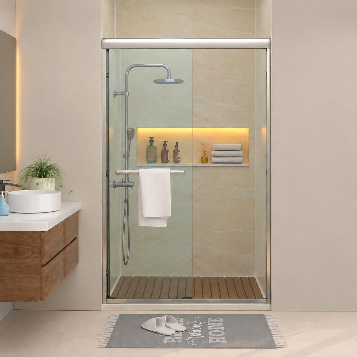 Dcolora DC-SD263664 – 39–44 in. × 72 in. Semi-Frameless Sliding Shower Door in Brushed Nickel