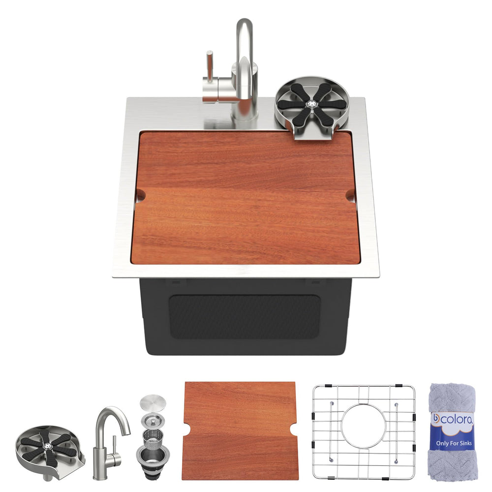 15" × 15" Drop-In Workstation Stainless Steel Bar / Prep Sink with Faucet & Cup Washer – DC-SFDOE00172