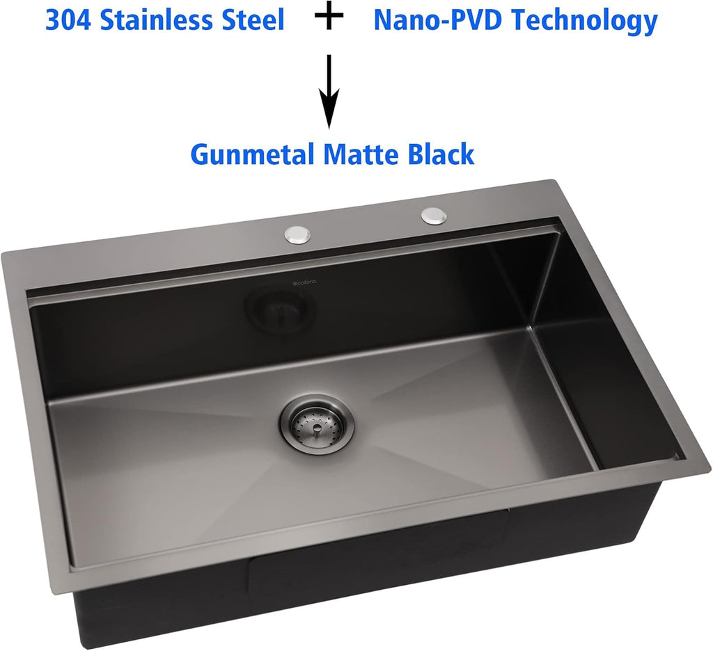 Dcolora 33'' Gunmetal Black Drop-In Kitchen Sink, 16 Gauge 304 Stainless Steel Single Bowl Topmount Workstation Extra Large Basin